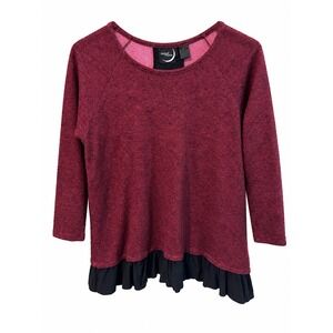 August Moon Ruffle Hem Top Womens Large Burgundy EUC Back Tie Mixed Media